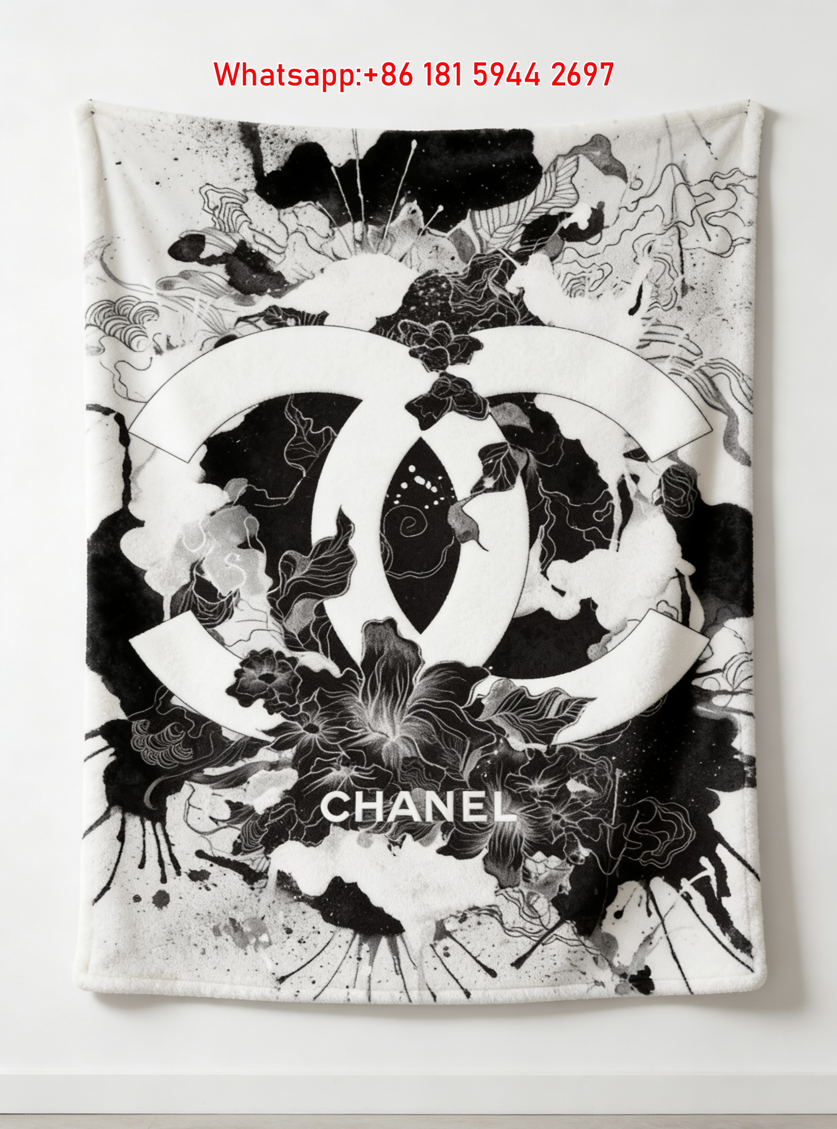 Chanel CC Logo Ink Wash Floral Art Flannel Sofa Throw Blanket IMG_6774